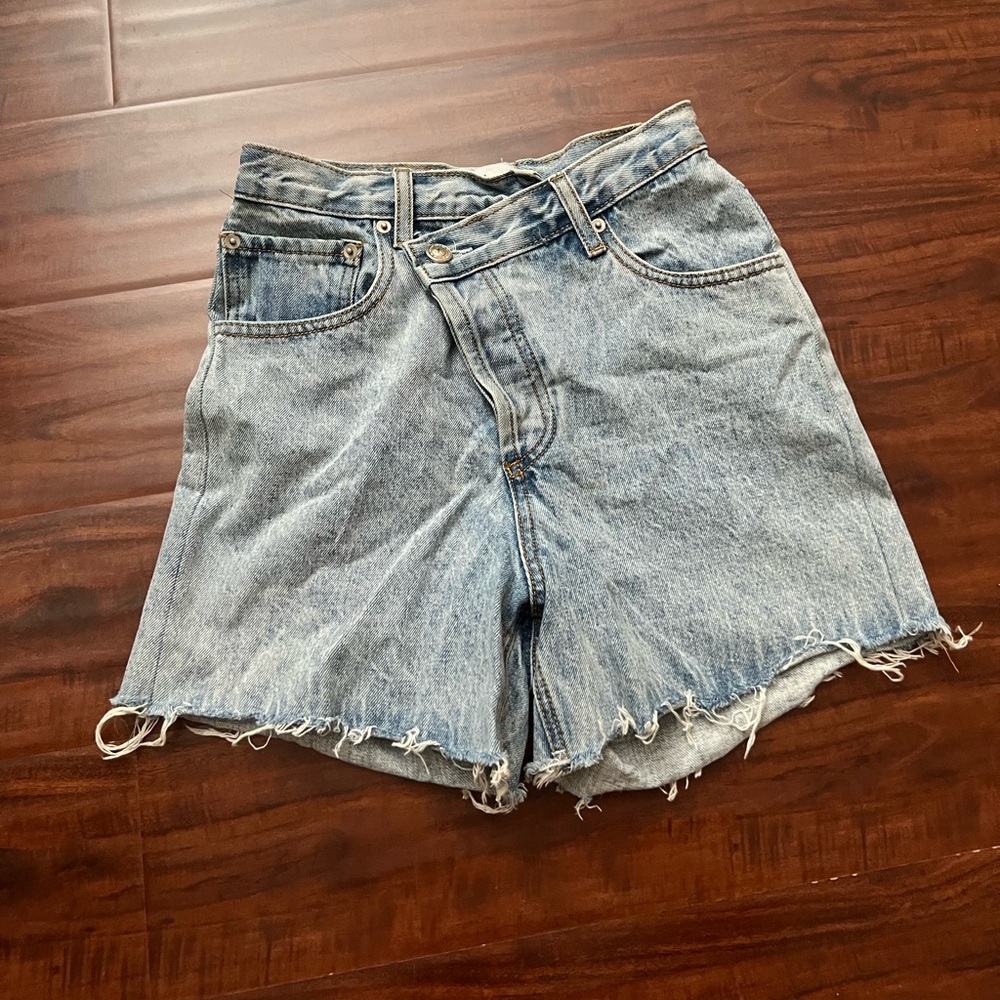 Princess Polly asymmetrical front short jean shorts